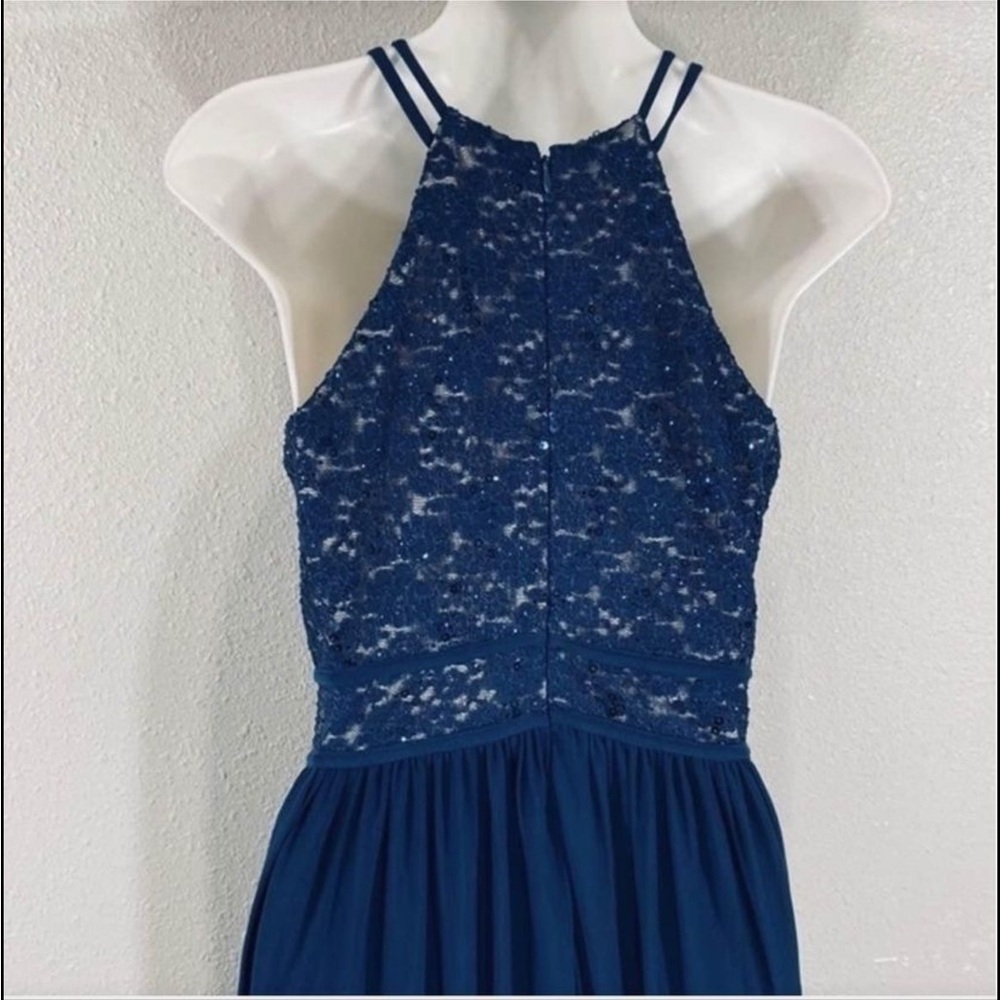 PROM FORMAL NIGHTWAY BLUE LACE, SEQUINS DOUBLE SPAGHETTI STRAPS VEUC - Picture 9 of 12